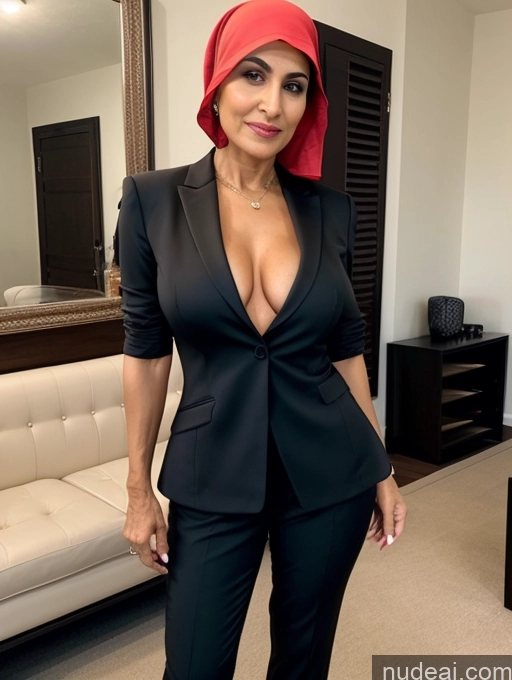 ai nude image of woman in a black suit and red scarf posing for a picture pics of Milf Two Perfect Boobs Beautiful Perfect Body Short Hair Dark Skin 60s Arabic Party Blouse High Heels Niqab Suit Cleavage Partially Nude Detailed Sexy Face