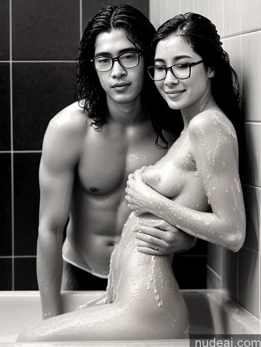 ai nude image of they are posing in the bathtub with their wet body pics of Woman + Man Two Small Tits Glasses Beautiful 18 Orgasm Black Hair Long Hair Indonesian Charcoal Bathroom Front View Bathing Nude