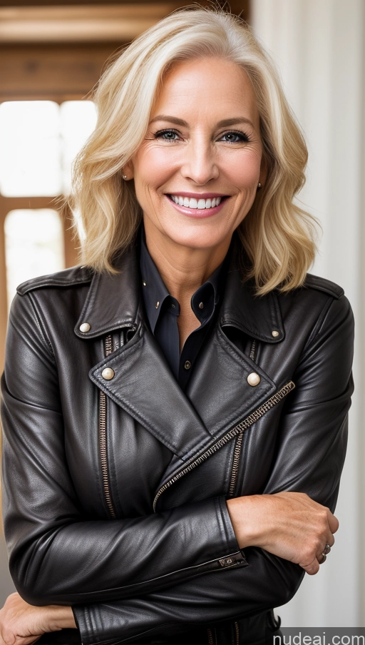 ai nude image of smiling woman in black leather jacket with arms crossed pics of Woman 60s Blonde Leather Detailed Skinny Happy