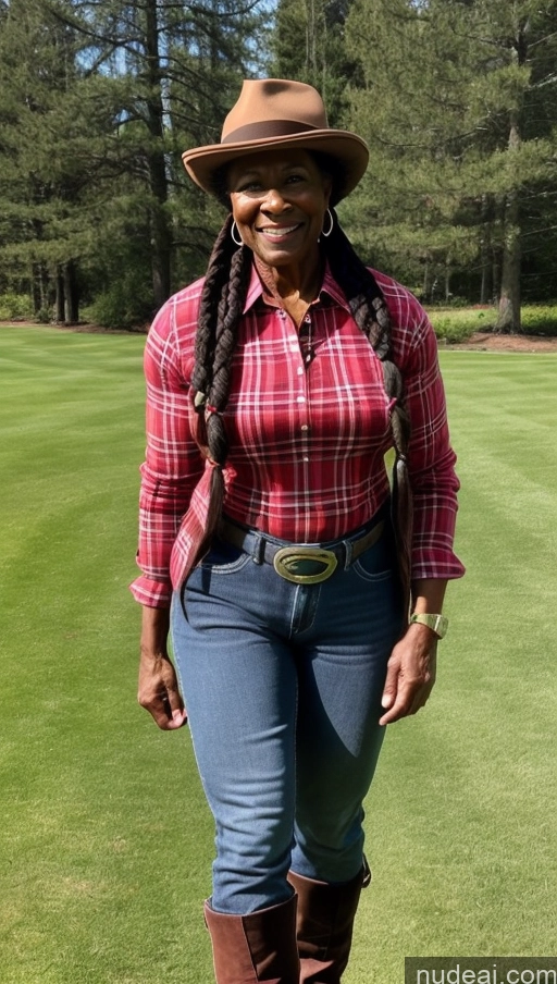 ai nude image of woman in plaid shirt and cowboy hat standing on grass with trees in background pics of Muscular Thick Abs Braided Ginger Black Lumberjack Hat 70s Polo Boots