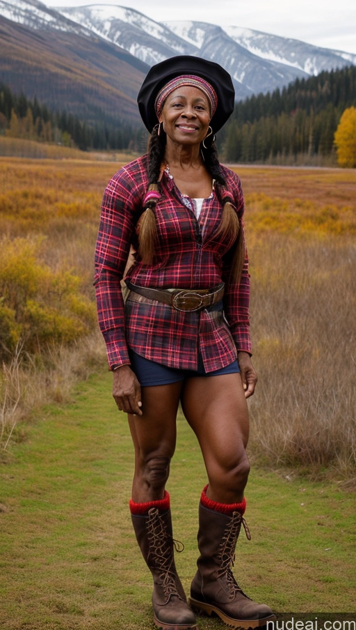 ai nude image of arafed woman in plaid shirt and boots standing in field with mountains in background pics of Muscular Thick Abs Braided Ginger Black Lumberjack Hat 70s Boots Traditional