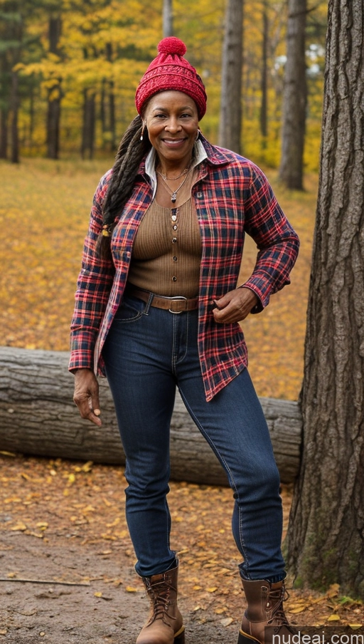 ai nude image of araffe woman in a red hat and plaid shirt posing for a picture pics of Muscular Thick Abs Braided Ginger Black Lumberjack Hat 70s Boots Traditional