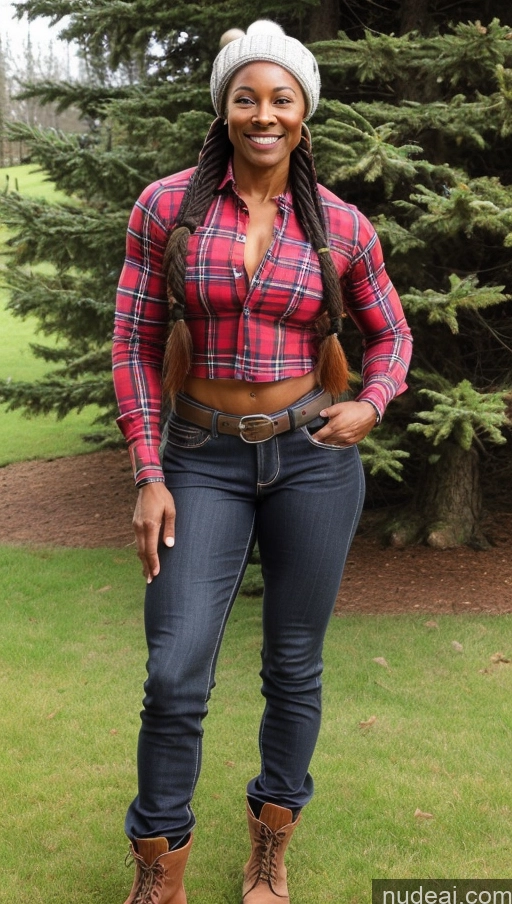 ai nude image of arafed woman in plaid shirt and jeans standing in front of a tree pics of Muscular Thick Abs Braided Ginger Black Lumberjack Hat Boots 50s