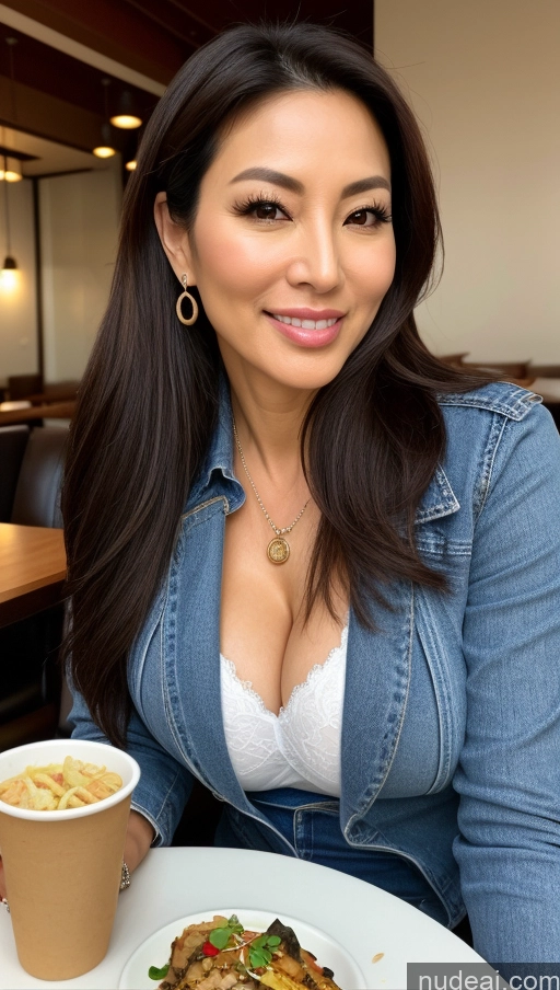 ai nude image of woman sitting at a table with a plate of food and a cup of coffee pics of Woman Busty Perfect Body 50s Sexy Face Beautiful Brunette Korean Jacket Jeans Jewelry Detailed Ponytail Restaurant Eating