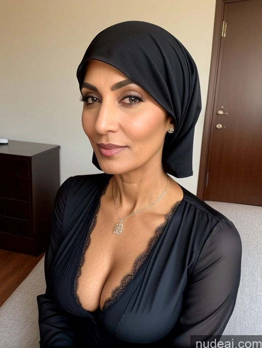 ai nude image of arafed woman in a black dress and a black head scarf pics of Milf Two Perfect Boobs Beautiful Perfect Body Short Hair Dark Skin 60s Arabic Blouse High Heels Niqab Suit Cleavage Detailed Sexy Face Bra