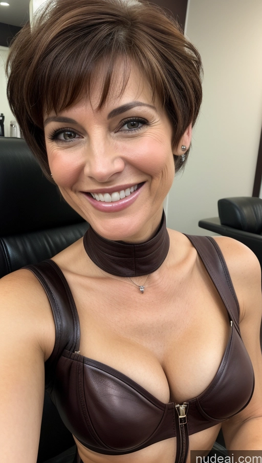 ai nude image of smiling woman in leather bra top sitting in chair with black leather chair pics of Woman 60s Leather Detailed Skinny Brunette Pixie Cleavage Happy