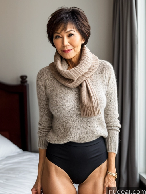 ai nude image of there is a woman in a high waisted underwear posing for a picture pics of Milf Two Perfect Boobs Perfect Body Short Hair Chinese Bedroom Casual Stockings Stylish Sweater Partially Nude Pubic Hair Sexy Face Scarf Detailed Dark Lighting 60s