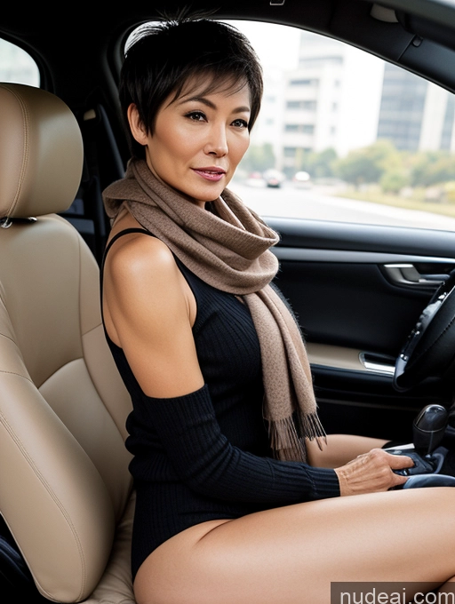 ai nude image of arafed woman sitting in a car with a scarf on pics of Milf Two Perfect Boobs Perfect Body Pubic Hair Short Hair 60s Chinese Casual Scarf Stockings Stylish Sweater Partially Nude Dark Lighting Detailed Sexy Face Car