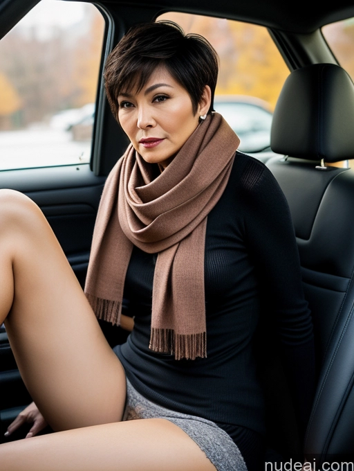 ai nude image of araffe woman sitting in a car wearing a scarf and a skirt pics of Milf Two Perfect Boobs Perfect Body Pubic Hair Short Hair 60s Chinese Casual Scarf Stockings Stylish Sweater Partially Nude Dark Lighting Detailed Sexy Face Car