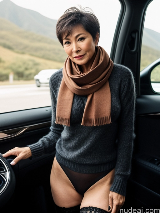 ai nude image of woman in a car with a scarf and stockings on pics of Milf Two Perfect Boobs Perfect Body Pubic Hair Short Hair 60s Chinese Casual Scarf Stockings Stylish Sweater Partially Nude Dark Lighting Detailed Sexy Face Car