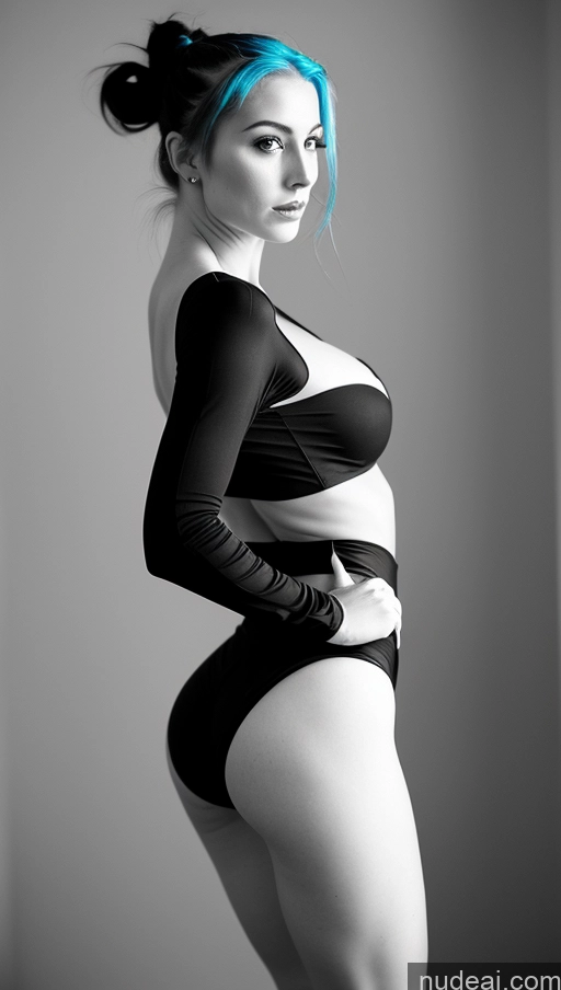 ai nude image of arafed woman with blue hair and black and white outfit posing for a picture pics of Woman Small Ass Fairer Skin 20s Front View Beautiful Perfect Body Perfect Boobs Blue Hair Hair Bun Superhero Black And White