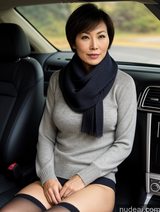 ai nude image of woman sitting in a car wearing stockings and a scarf pics of Milf Two Perfect Boobs Perfect Body Short Hair 50s Chinese Casual Stockings Stylish Sweater Partially Nude Car Scarf Dark Lighting Detailed