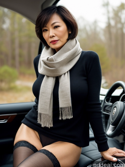 ai nude image of araffe woman in black dress sitting in car with open door pics of Milf Two Perfect Boobs Perfect Body Short Hair 50s Chinese Casual Stockings Stylish Sweater Partially Nude Car Scarf Dark Lighting Detailed