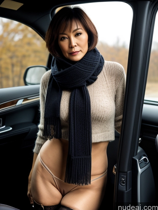 ai nude image of arafed woman in a car with a scarf and panties pics of Milf Two Perfect Boobs Perfect Body Pubic Hair Short Hair 60s Chinese Casual Scarf Stockings Stylish Sweater Partially Nude Dark Lighting Detailed Sexy Face Car