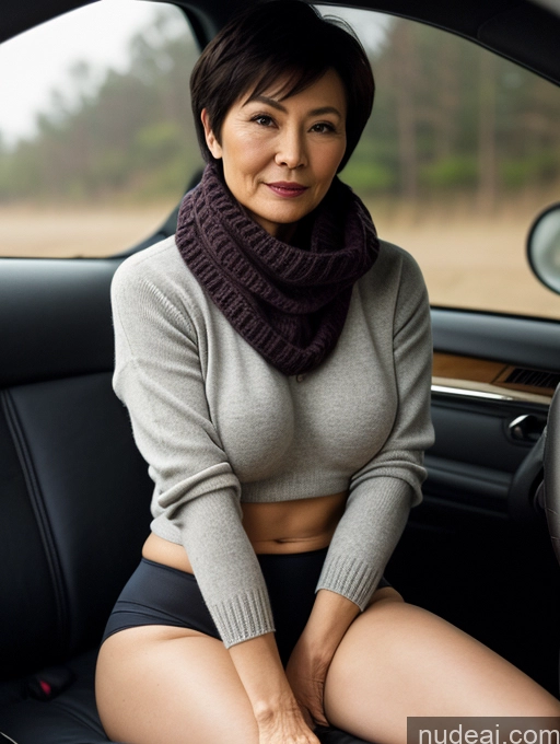 ai nude image of woman sitting in a car wearing a scarf and a black skirt pics of Milf Two Perfect Boobs Perfect Body Short Hair Chinese Casual Stockings Stylish Sweater Partially Nude Car Scarf Dark Lighting Detailed 70s