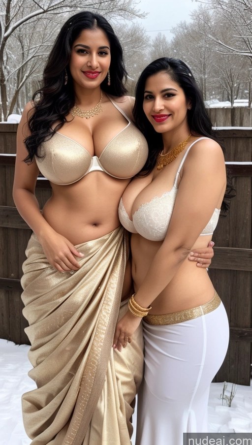 ai nude image of two women in saris posing for a picture in the snow pics of Woman + Man Busty Huge Boobs Beautiful Lipstick Big Ass Chubby Fairer Skin 50s Happy Seductive Sexy Face Black Hair Straight Indian Skin Detail (beta) Snow Front View Bra Sari Thong Wedding Traditional Gold Jewelry Bright Lighting