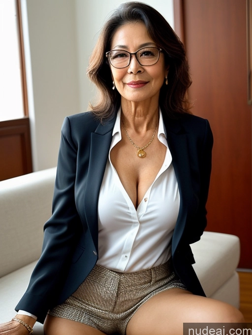 ai nude image of there is a woman sitting on a couch wearing glasses pics of Milf Perfect Boobs Perfect Body Pubic Hair Chinese Spreading Legs Blouse Casual Professor Shirt Stylish Suit Detailed Cleavage Party 70s Sexy Face Glasses Beautiful