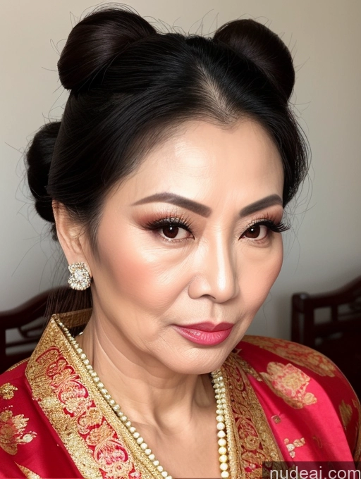 ai nude image of a close up of a woman with a red and gold dress and a pearl necklace pics of Milf Beautiful Hair Bun Pouting Lips Seductive 60s Asian Traditional