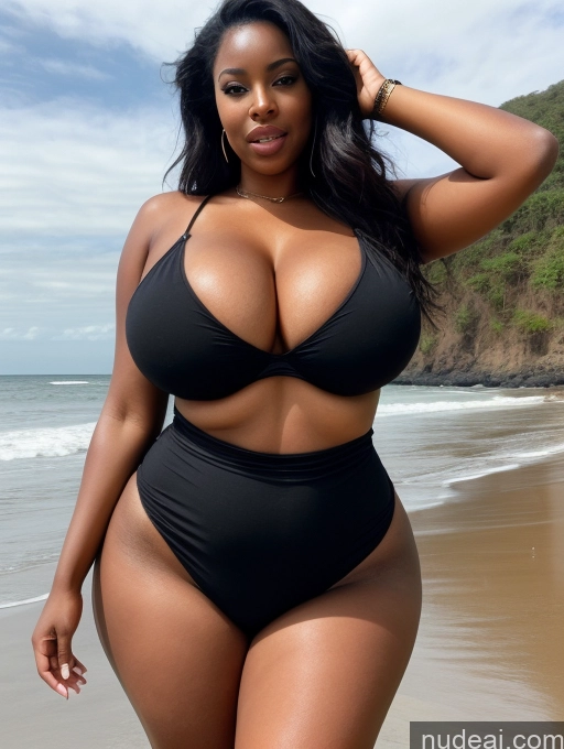 ai nude image of araffe woman in a black bikini posing on the beach pics of Woman One Huge Boobs Perfect Boobs Big Ass Big Hips Thick Perfect Body 30s Black Hair Long Hair African Chemise Jeans Alternative Detailed Beach