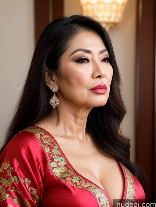 ai nude image of araffe woman in red dress with gold and red jewelry pics of Milf Beautiful Pouting Lips Seductive 60s Asian Traditional Long Hair