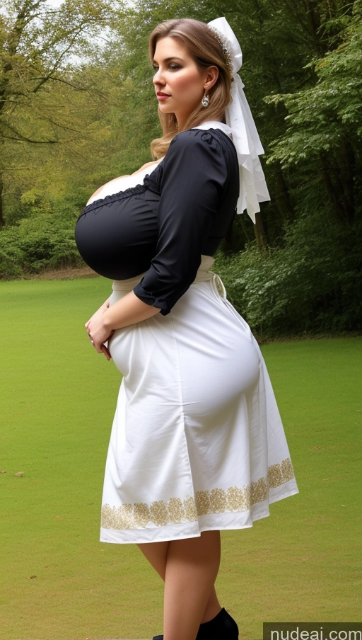 ai nude image of pregnant woman in a white dress and black top standing in a field pics of Huge Boobs Perfect Boobs Big Ass Perfect Body Fairer Skin Thick Busty Big Hips Woman Chubby One Traditional Side View Simple Dirndl