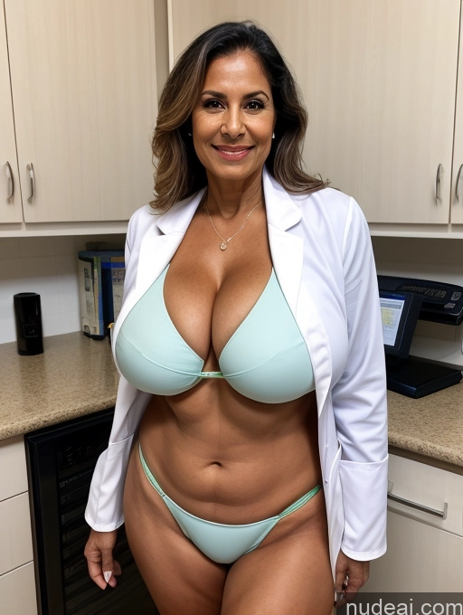 ai nude image of arafed woman in a white lab coat and blue bikini posing in a kitchen pics of Milf One Busty Huge Boobs Tanned Skin 70s Brazilian Front View Microkini Thong Lab Coat Doctor