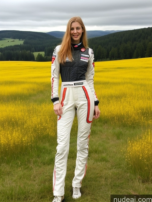 ai nude image of arafed woman in a racing suit standing in a field of yellow flowers pics of Woman One Small Ass Small Tits Tall Long Legs Fairer Skin 20s Ginger Long Hair White Race Driver Meadow