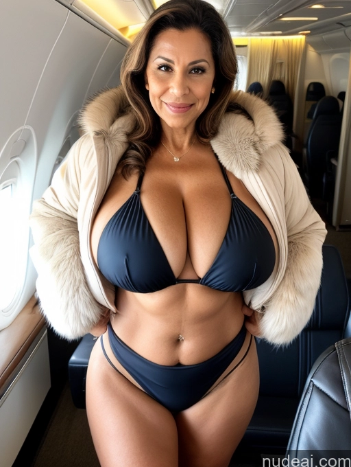 ai nude image of araffe woman in a bikini and fur coat on an airplane pics of Milf One Busty Huge Boobs Tanned Skin 70s Brazilian Front View Microkini Thong Flight Attendant Fur Jacket