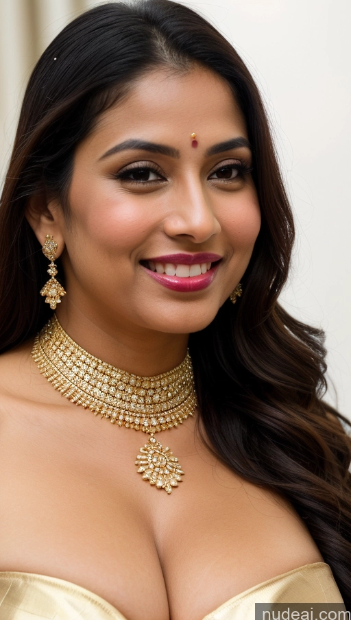 ai nude image of a close up of a woman wearing a gold dress and a necklace pics of Woman Busty Huge Boobs Beautiful Lipstick Fairer Skin 50s Happy Seductive Sexy Face Black Hair Indian Skin Detail (beta) Bra Sari Traditional Wedding Gold Jewelry Bright Lighting Snow Close-up View