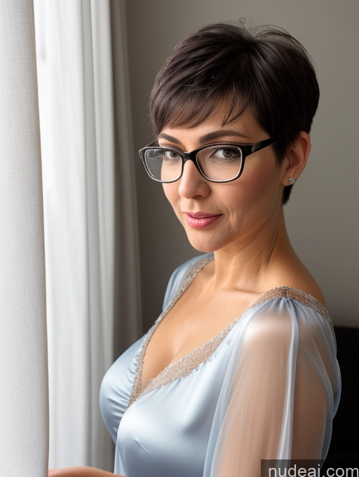 ai nude image of there is a woman wearing glasses looking out a window pics of 50s Czech Black Hair Pixie Busty Bedroom Blouse Nightgown Satin Transparent Simple Close-up View Blowjob Sexy Face Glasses