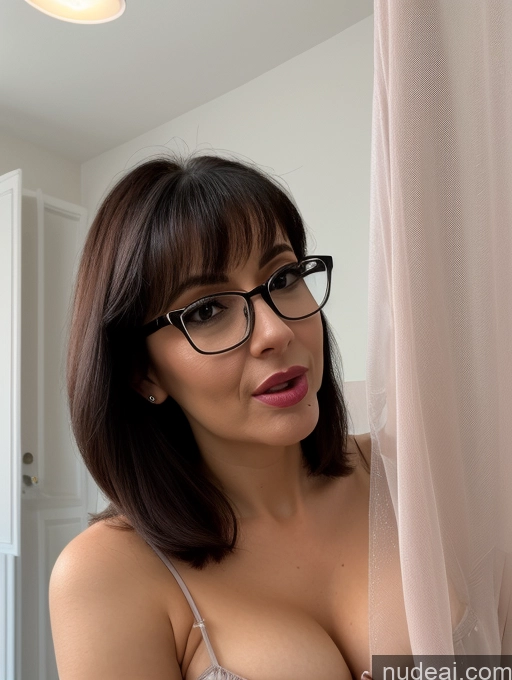 ai nude image of there is a woman with glasses and a bra top posing for a picture pics of 50s Czech Black Hair Pixie Busty Bedroom Blouse Nightgown Satin Transparent Simple Close-up View Blowjob Sexy Face Glasses