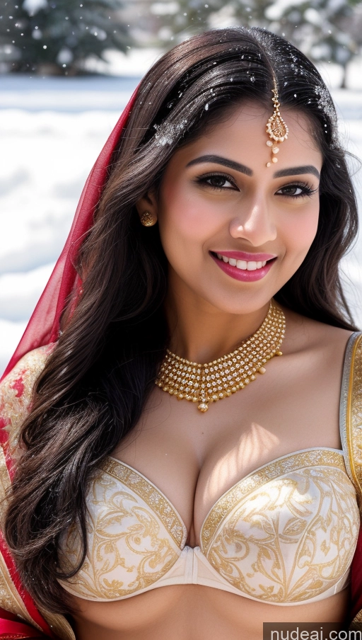 ai nude image of araffe woman in a red and gold outfit posing for a picture pics of Woman Huge Boobs Beautiful Lipstick Fairer Skin 50s Happy Seductive Sexy Face Black Hair Indian Skin Detail (beta) Bra Sari Traditional Wedding Gold Jewelry Bright Lighting Snow Close-up View Big Ass