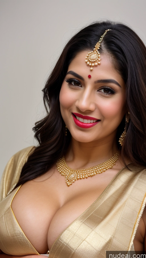 ai nude image of araffed woman in a gold sari posing for a picture pics of Woman Huge Boobs Beautiful Lipstick Fairer Skin 50s Happy Seductive Sexy Face Black Hair Indian Skin Detail (beta) Bra Sari Traditional Wedding Gold Jewelry Bright Lighting Snow Big Ass Front View