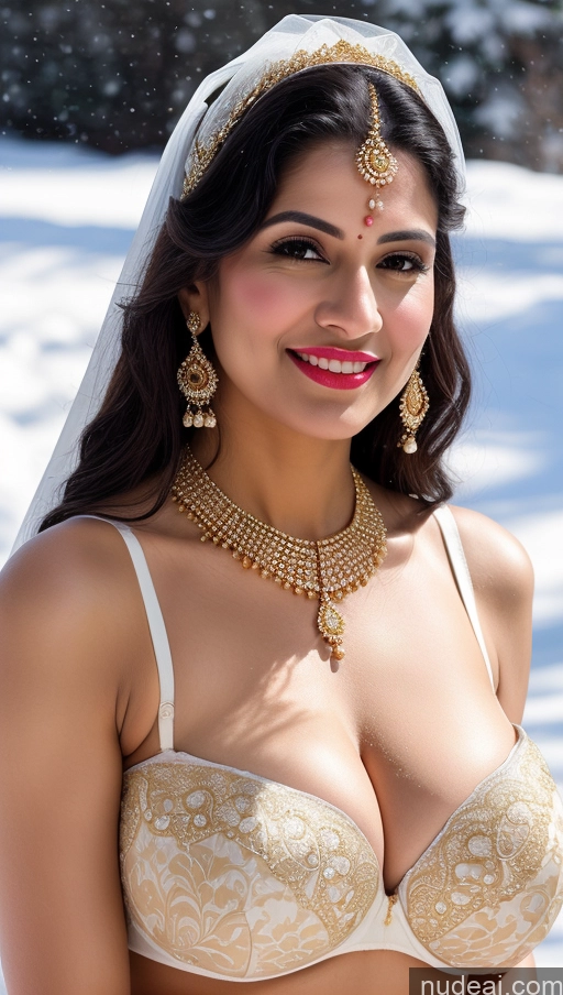 ai nude image of araffe woman in a white bra and gold jewelry posing for a picture pics of Woman Huge Boobs Beautiful Lipstick Fairer Skin 50s Happy Seductive Sexy Face Black Hair Indian Skin Detail (beta) Bra Sari Traditional Wedding Gold Jewelry Bright Lighting Snow Big Ass Front View