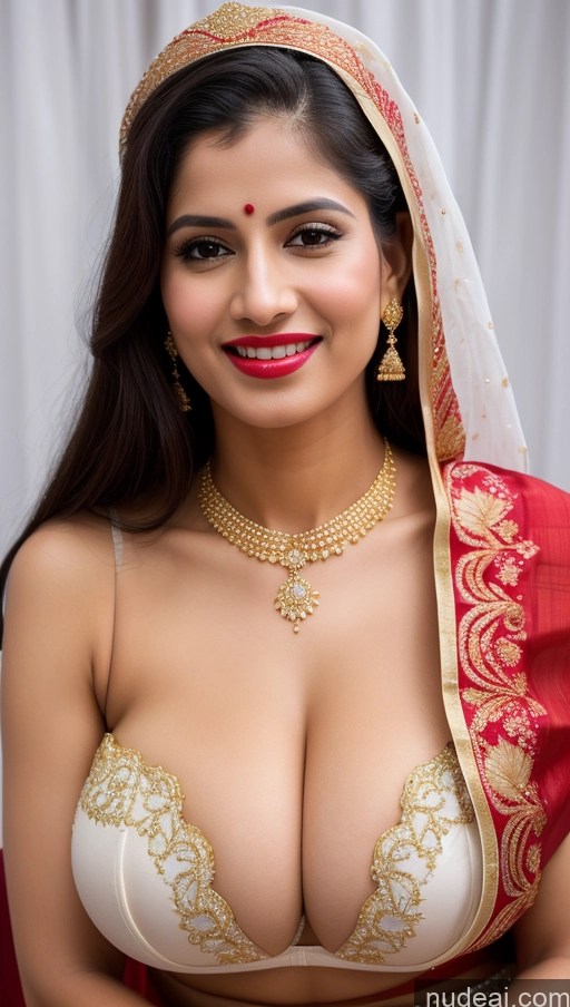 ai nude image of araffed woman in a red and gold sari posing for a picture pics of Woman Huge Boobs Beautiful Lipstick Fairer Skin 50s Happy Seductive Sexy Face Black Hair Indian Skin Detail (beta) Bra Sari Traditional Wedding Gold Jewelry Bright Lighting Snow Big Ass Front View