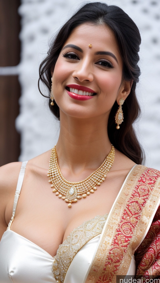 ai nude image of araffe woman in a white dress with a gold necklace and a red and gold shawl pics of Woman Huge Boobs Beautiful Lipstick Fairer Skin 50s Happy Seductive Sexy Face Black Hair Indian Skin Detail (beta) Bra Sari Traditional Wedding Gold Jewelry Bright Lighting Snow Big Ass Front View