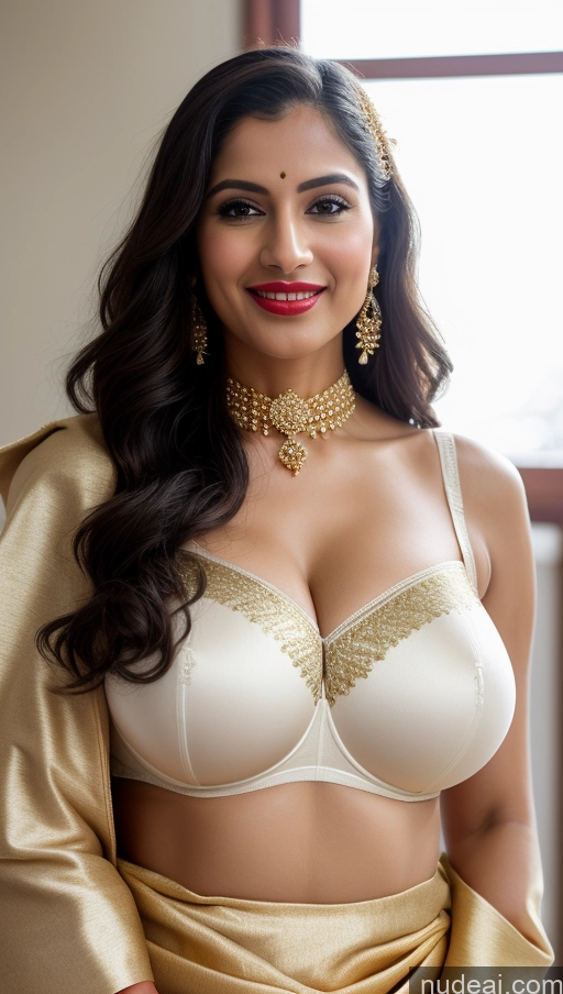 ai nude image of araffed woman in a white bra and gold skirt posing for a picture pics of Woman Huge Boobs Beautiful Lipstick Fairer Skin 50s Happy Seductive Sexy Face Black Hair Indian Skin Detail (beta) Bra Sari Traditional Wedding Gold Jewelry Bright Lighting Snow Big Ass Front View