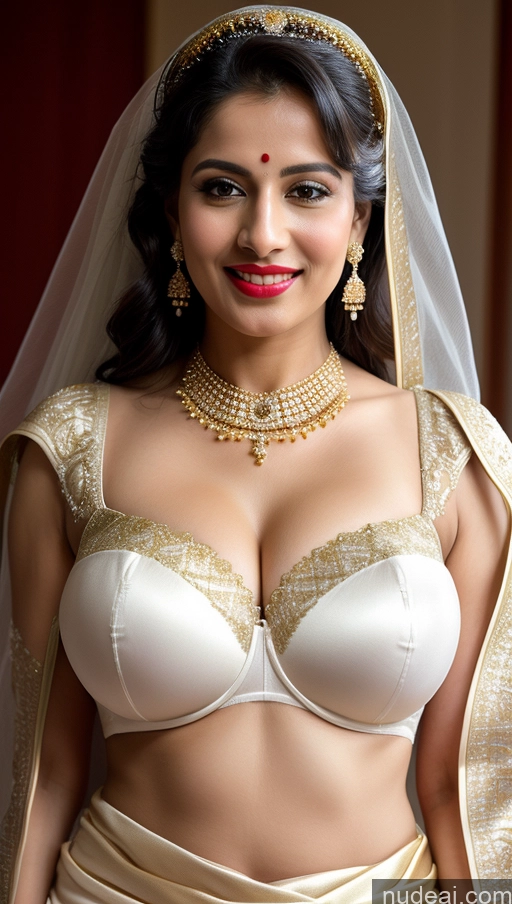 ai nude image of araffed woman in a bridal dress posing for a picture pics of Woman Huge Boobs Beautiful Lipstick Fairer Skin 50s Happy Seductive Sexy Face Black Hair Indian Skin Detail (beta) Bra Sari Traditional Wedding Gold Jewelry Bright Lighting Snow Big Ass Front View