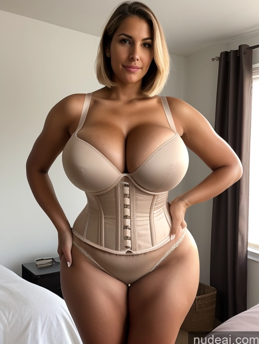 ai nude image of araffe woman in a tan corset posing for a picture pics of Bending Over Front View Tall Tanned Skin Huge Boobs Blonde Bobcut Bedroom Nilotic Corset Push-up Bra Cleavage 18 Milf Nude Sad