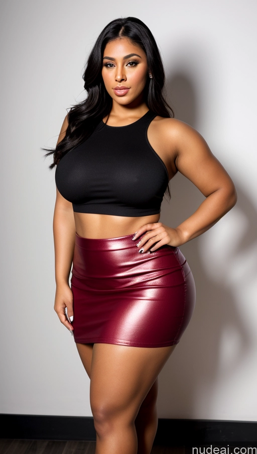 ai nude image of a woman in a black top and red leather skirt posing for a picture pics of Beautiful Big Ass Thick Big Hips Perfect Body Perfect Boobs 20s Serious Black Hair High Heels Mini Skirt Club