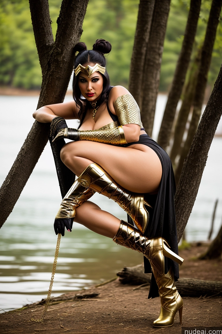 ai nude image of araffe woman in a costume sitting on a tree by a lake pics of Milf 30s Sexy Face Black Hair Hair Bun Lipstick Beautiful Perfect Boobs Big Ass Big Hips Thick Chubby Gold Jewelry Detailed Indian Seductive Lake Boots Superhero Tanned Skin Tall Fantasy Armor