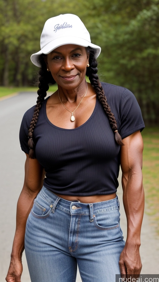 ai nude image of smiling woman with braids and a hat on a street pics of Muscular Thick Abs Pubic Hair Dark Skin Braided 70s Casual Jeans Hat Blouse