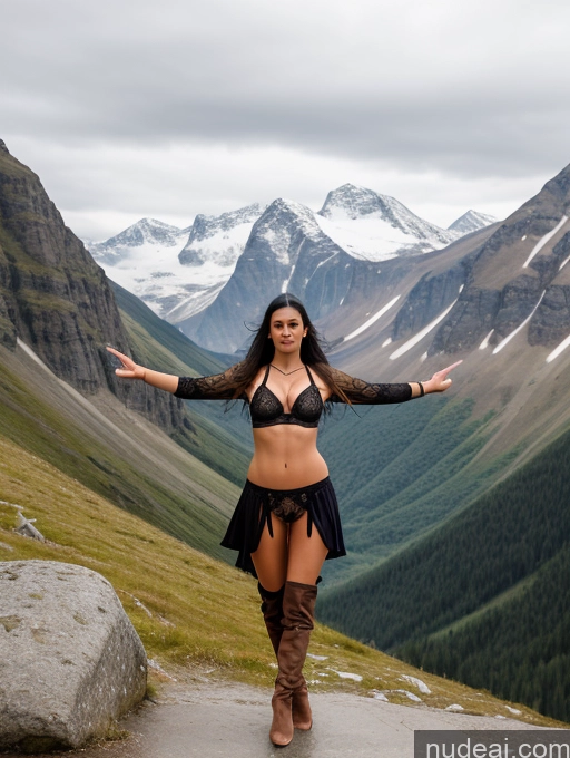 ai nude image of there is a woman in a bikini and boots posing on a mountain pics of Lingerie Model One Beautiful Skinny Perfect Body 18 Perfect Boobs Long Hair Black Hair Mountains T-pose Viking