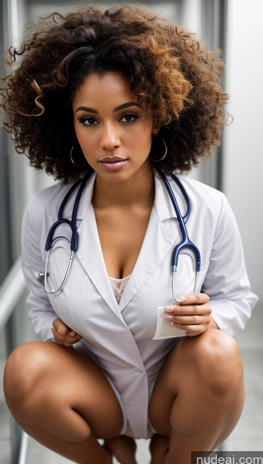 ai nude image of arafed woman in a white lab coat crouches down to take a picture pics of Woman Busty Perfect Boobs Thick Perfect Body Pubic Hair Dark Skin 20s Seductive White Hair African Cyberpunk Nude Stockings Detailed Curly Hair Master Pose Squating Lab Coat Doctor Hospital ((maxmonolith))