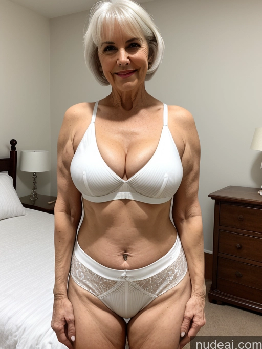 ai nude image of there is a woman in a white bra top and panties posing for a picture pics of Milf Busty Small Ass Skinny Pubic Hair 70s White Hair Pixie Bedroom Crop Top Cleavage