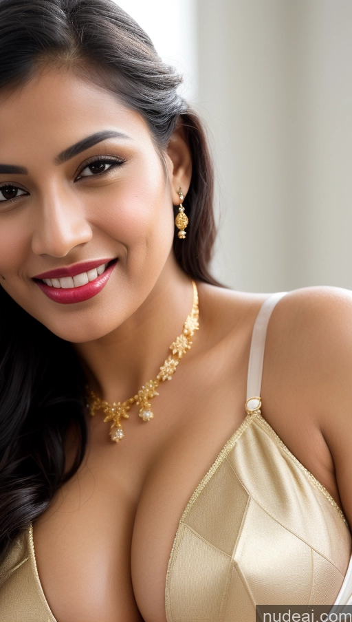 ai nude image of araffed woman in a gold bra top posing for a picture pics of Huge Boobs Beautiful Lipstick Fairer Skin 50s Happy Seductive Sexy Face Black Hair Indian Skin Detail (beta) Bra Sari Traditional Wedding Gold Jewelry Bright Lighting Snow Big Ass Thong Woman Simple Close-up View