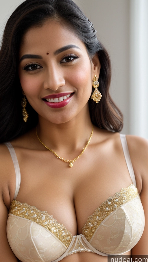 ai nude image of araffed woman in a bra with a necklace and earrings pics of Huge Boobs Beautiful Lipstick Fairer Skin 50s Happy Seductive Sexy Face Black Hair Indian Skin Detail (beta) Bra Sari Traditional Wedding Gold Jewelry Bright Lighting Snow Big Ass Thong Woman Simple Close-up View