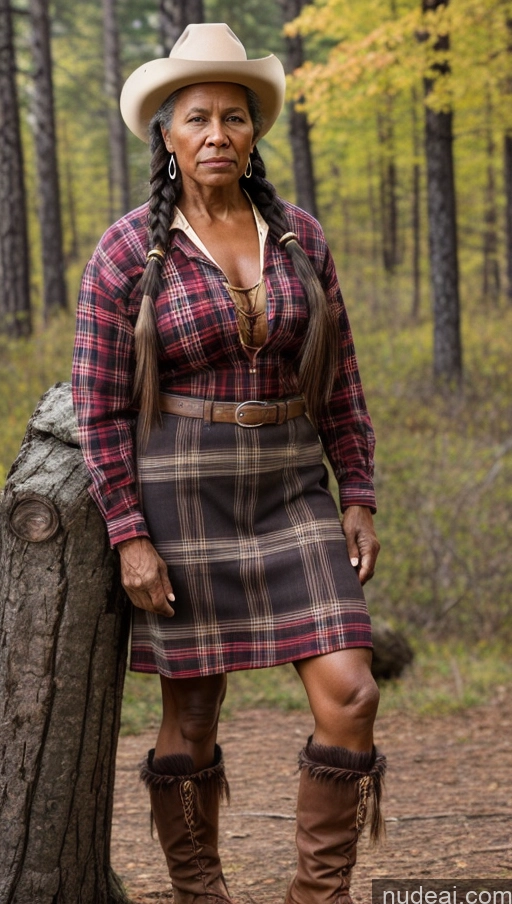 ai nude image of arafed woman in a plaid dress and cowboy hat standing next to a tree stump pics of Muscular Dark Skin Thick Lumberjack Braided 70s Western Native American