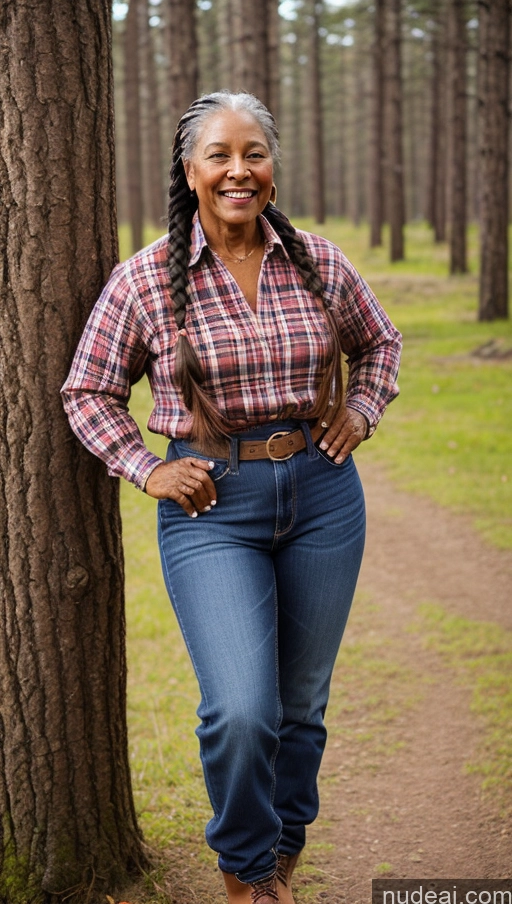 ai nude image of smiling woman in plaid shirt and jeans leaning against a tree pics of Muscular Dark Skin Thick Lumberjack Braided 70s Western Native American Jeans Happy Boots