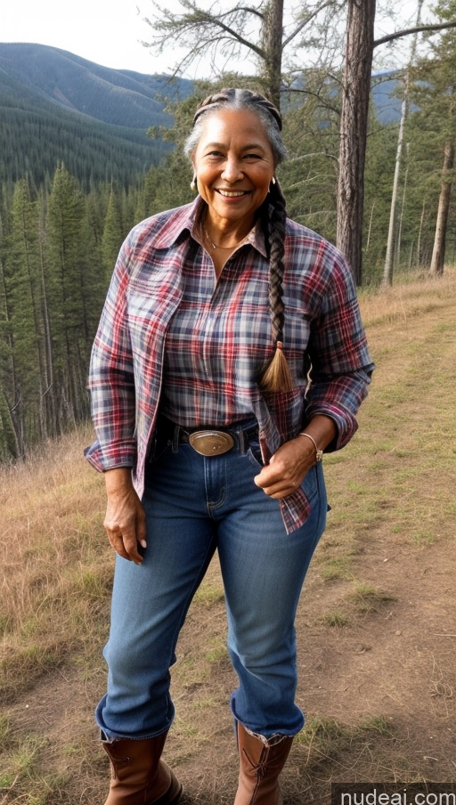 ai nude image of smiling woman in plaid shirt and jeans standing in a field pics of Muscular Dark Skin Thick Lumberjack Braided 70s Western Native American Jeans Happy Boots